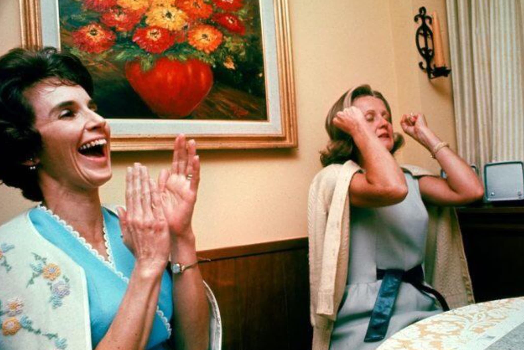 “The wives of the astronauts on the Apollo 8 mission at the moment they heard their husbands voices from orbit, 1968.”